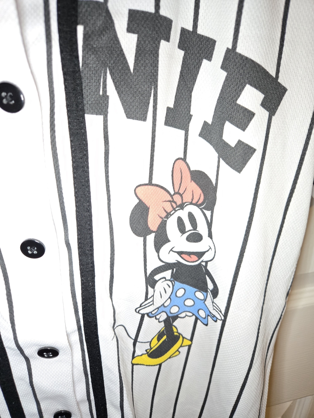 Disney Minnie Mouse Women’s Baseball Jersey Pinstripe Fabulous Button Front - Picture 2 of 5